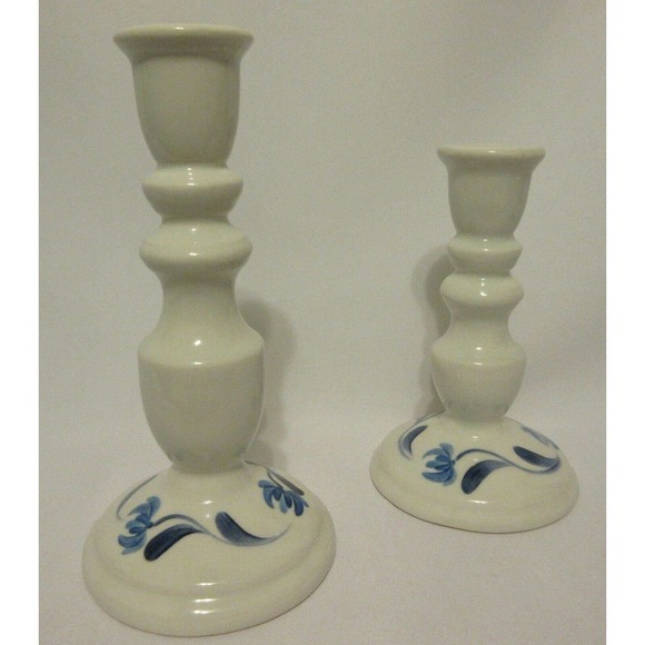 N S Gustin Co White Porcelain Blue Hand Painted Decorated Candle Holder Set of 2 - Picture 4 of 8